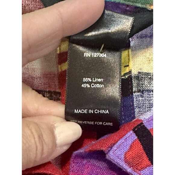 Ali Miles Size PL Multi Abstract Print Button Down Linen Blend Top Art To Wear - Picture 12 of 13